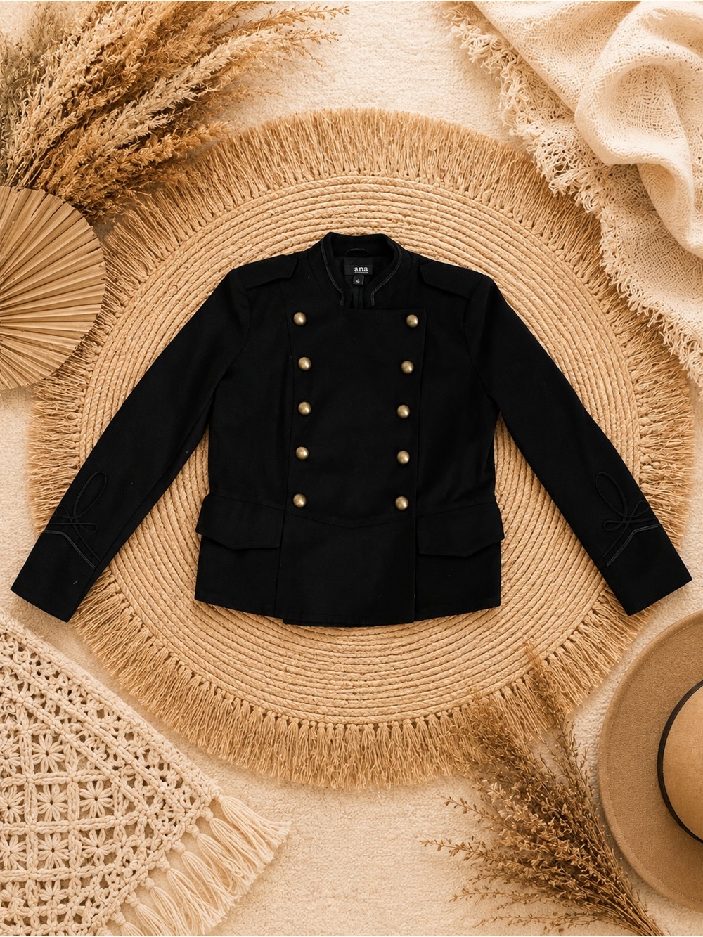 ANA Black Military Jacket Gold Button Blazer | Structured Moto Style